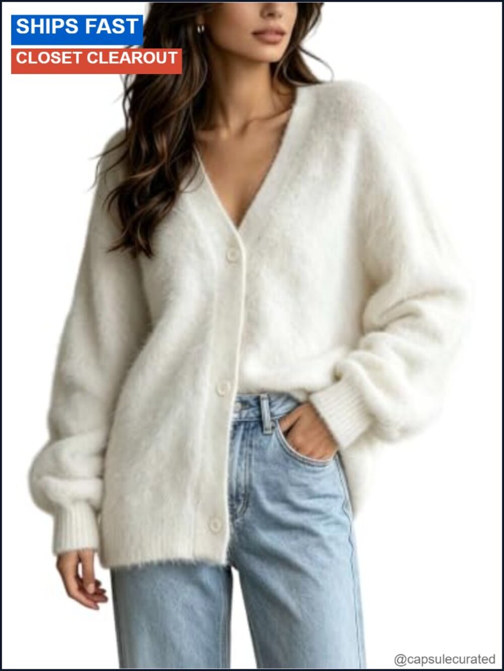 Fuzzy Mohair-Blend Knit Cardigan Button Down Oversized Sweater